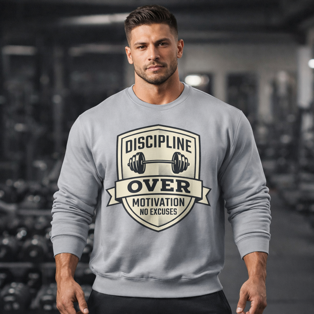 Discipline Over Motivation Sweatshirt — Fitness Crewneck, "No Excuses" Gym Pullover