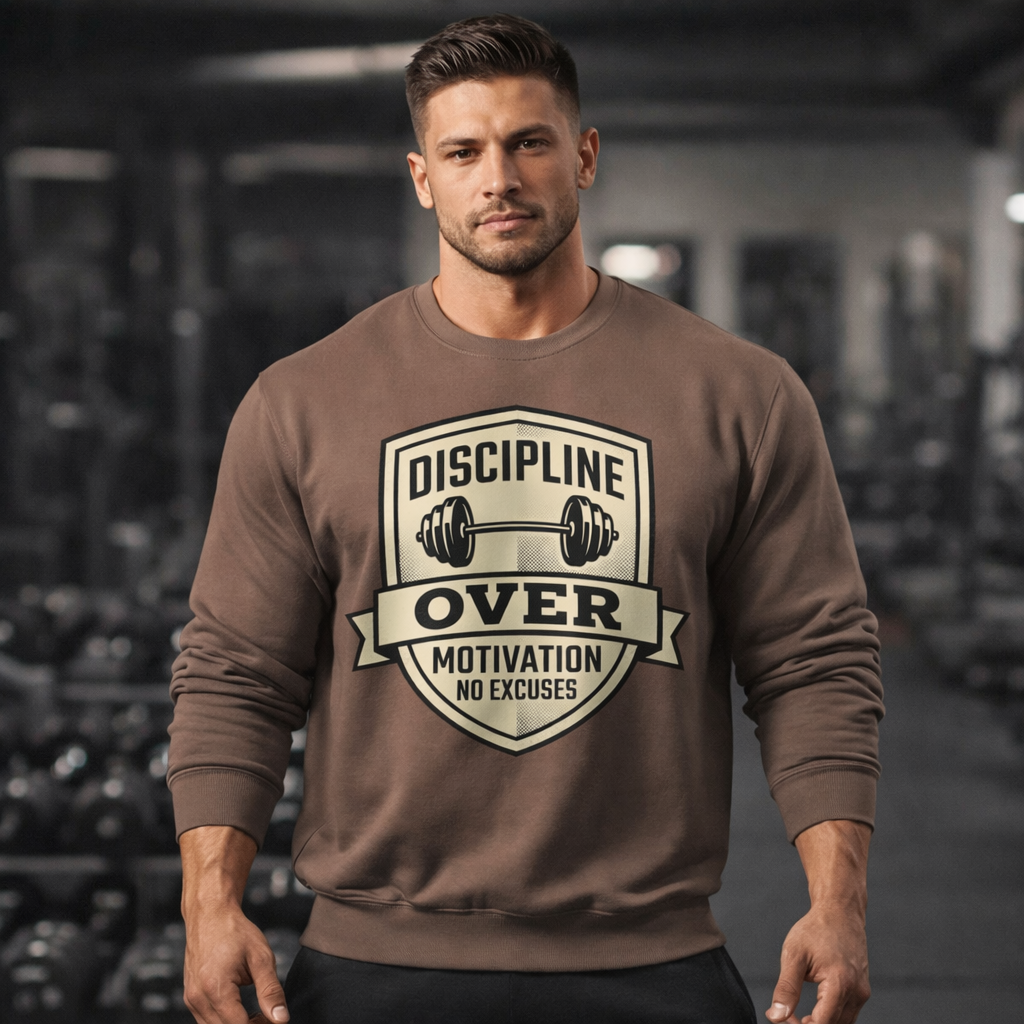 Discipline Over Motivation Sweatshirt — Fitness Crewneck, "No Excuses" Gym Pullover