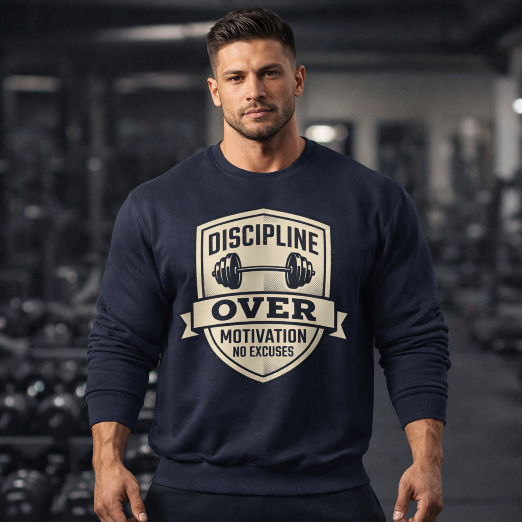 Discipline Over Motivation Sweatshirt — Fitness Crewneck, "No Excuses" Gym Pullover
